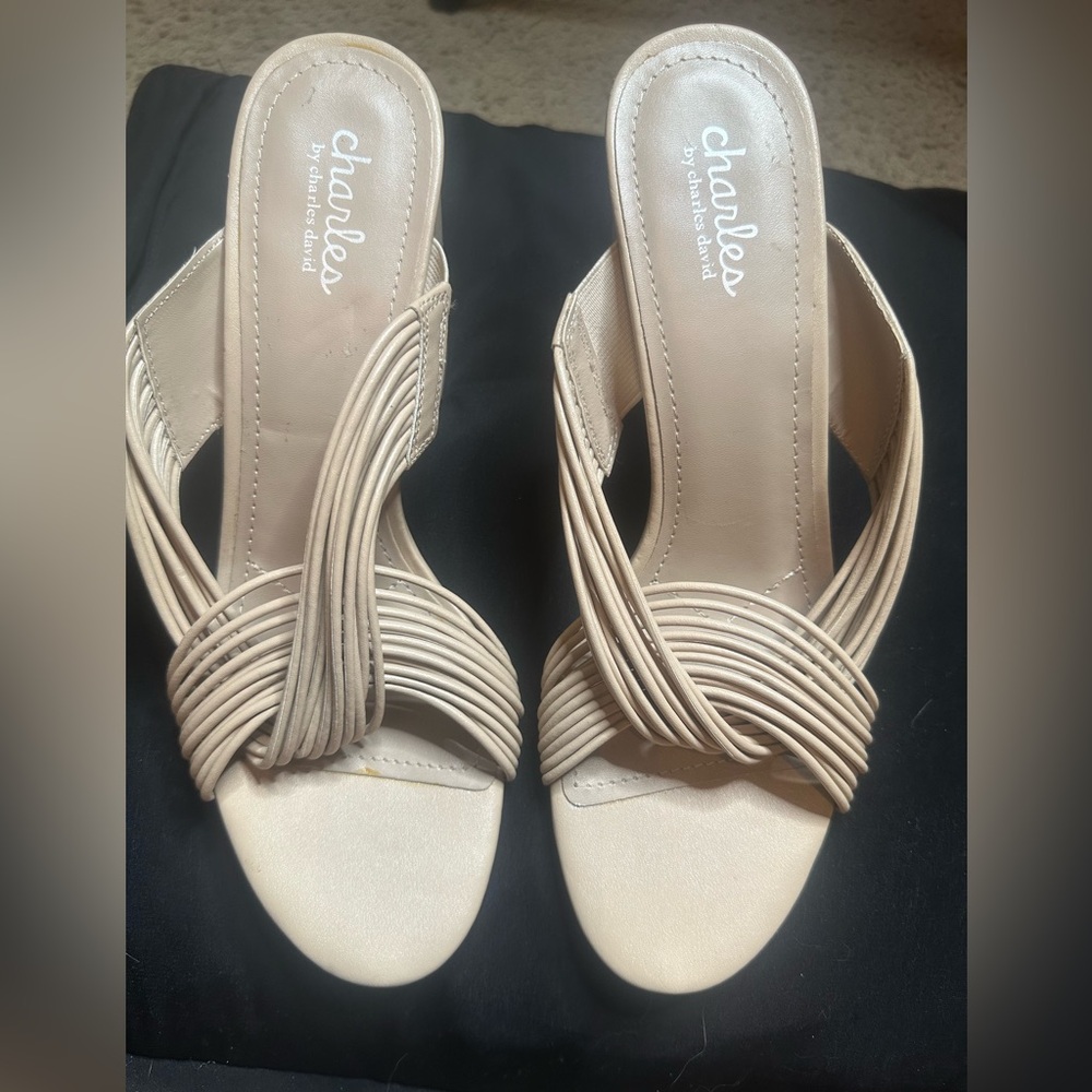CHARLES By CHARLES DAVID “RAZZLE”NUDE LEATHER SLIP ON SANDAL STRAPPY 10M NEW